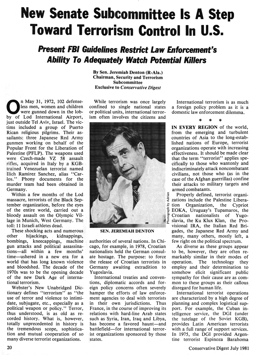 July 1981 Conserative Digest Magazine article by Alabama Senator Jeremiah Denton. Photo by Adrian Hoff.